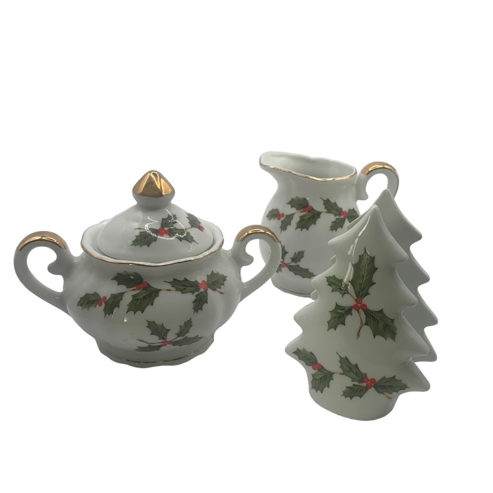 Vintage Lefton China Hollyberry Set Sugar Creamer Napkin Holder
